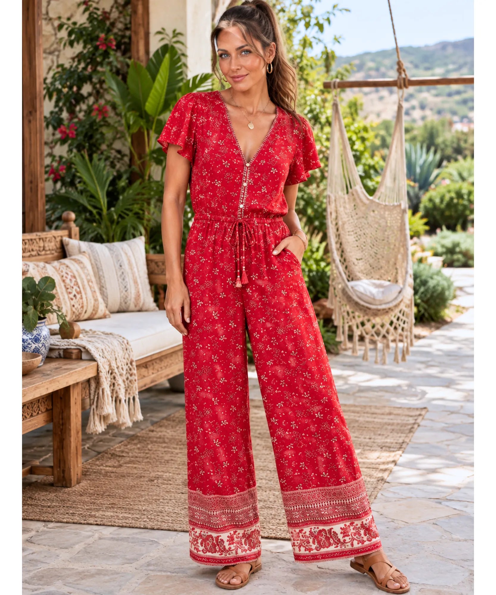 Comprar macacão longo feminino estampado floral vermelho em promoção Anellimn