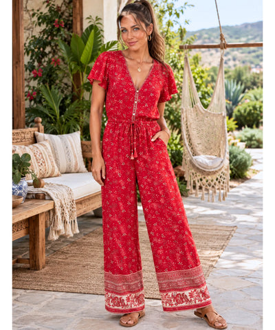 Comprar macacão longo feminino estampado floral vermelho em promoção Anellimn