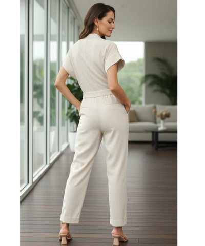 Macacão Feminino Alfaiataria Linho Manga Curta Elegante | Cela