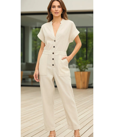 Macacão Feminino Alfaiataria Linho Manga Curta Elegante | Cela