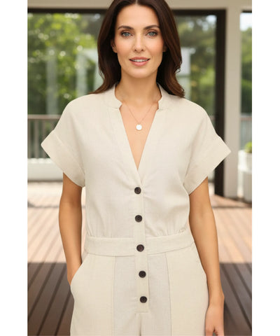 Macacão Feminino Alfaiataria Linho Manga Curta Elegante | Cela