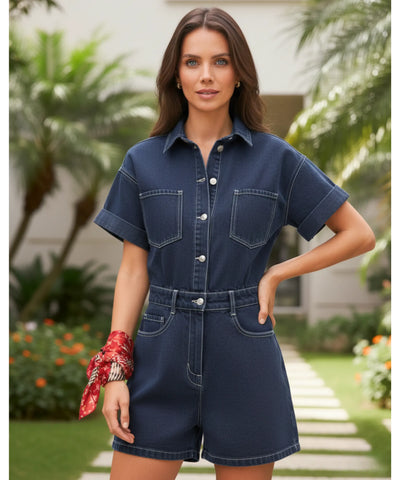 Macacão Feminino Jeans Curto com Cinto e Bolsos Verão | Dora