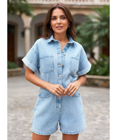 Macacão Feminino Jeans Curto com Cinto e Bolsos Verão | Dora