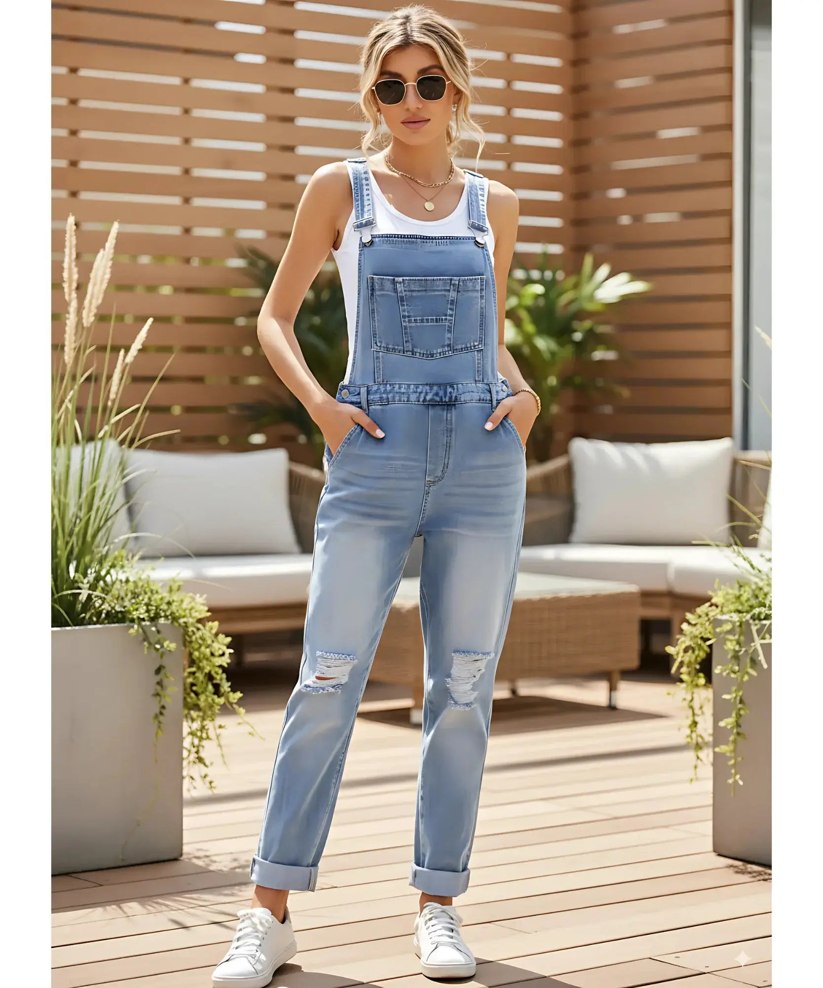 Comprar macacão feminino jeans jardineira longo destroyed alças ajustáveis barato promoção