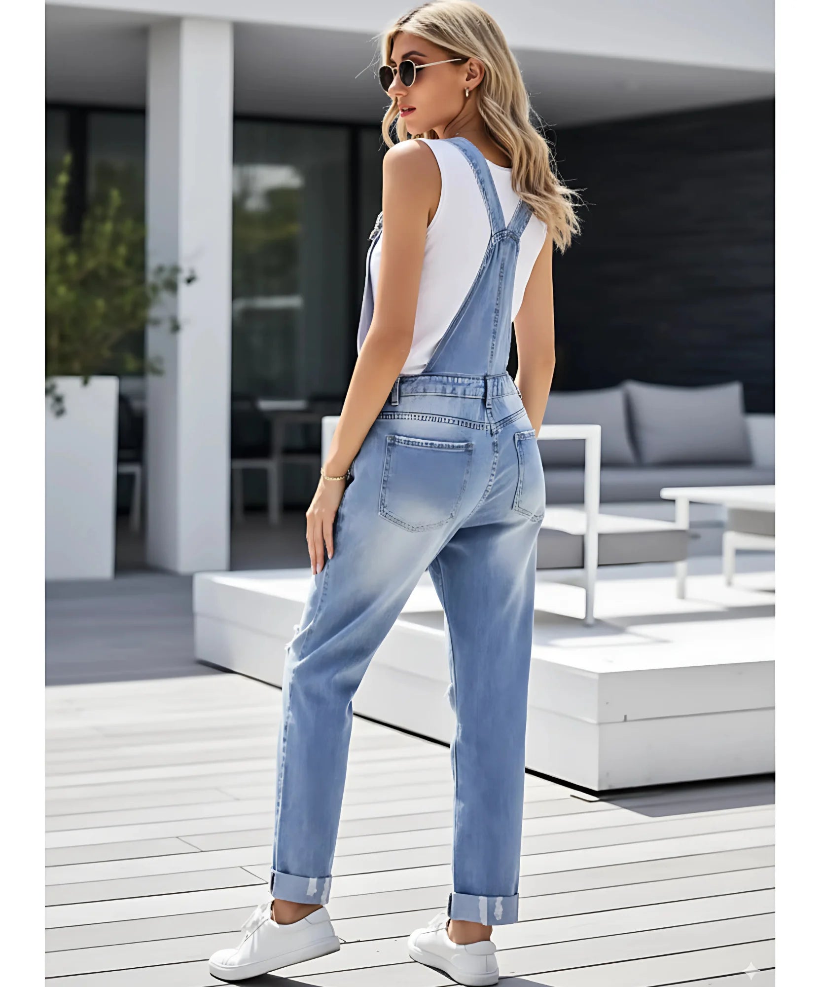Comprar macacão feminino jeans jardineira longo destroyed alças ajustáveis barato promoção