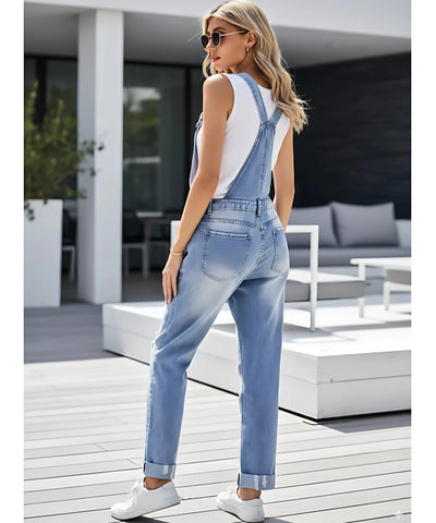 Comprar macacão feminino jeans jardineira longo destroyed alças ajustáveis barato promoção