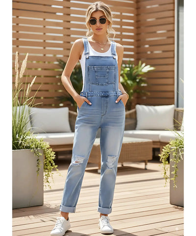 Comprar macacão feminino jeans jardineira longo destroyed alças ajustáveis barato promoção