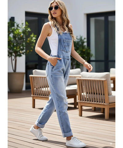Comprar macacão feminino jeans jardineira longo destroyed alças ajustáveis barato promoção