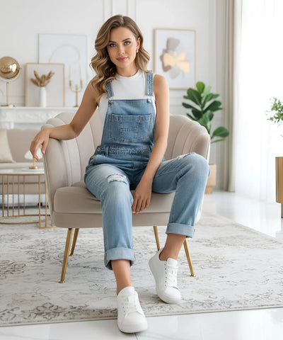 Comprar macacão feminino jeans jardineira longo destroyed alças ajustáveis barato promoção