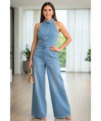 Macacão Feminino Jeans Pantalona Larga Casual Elegante | Rosae