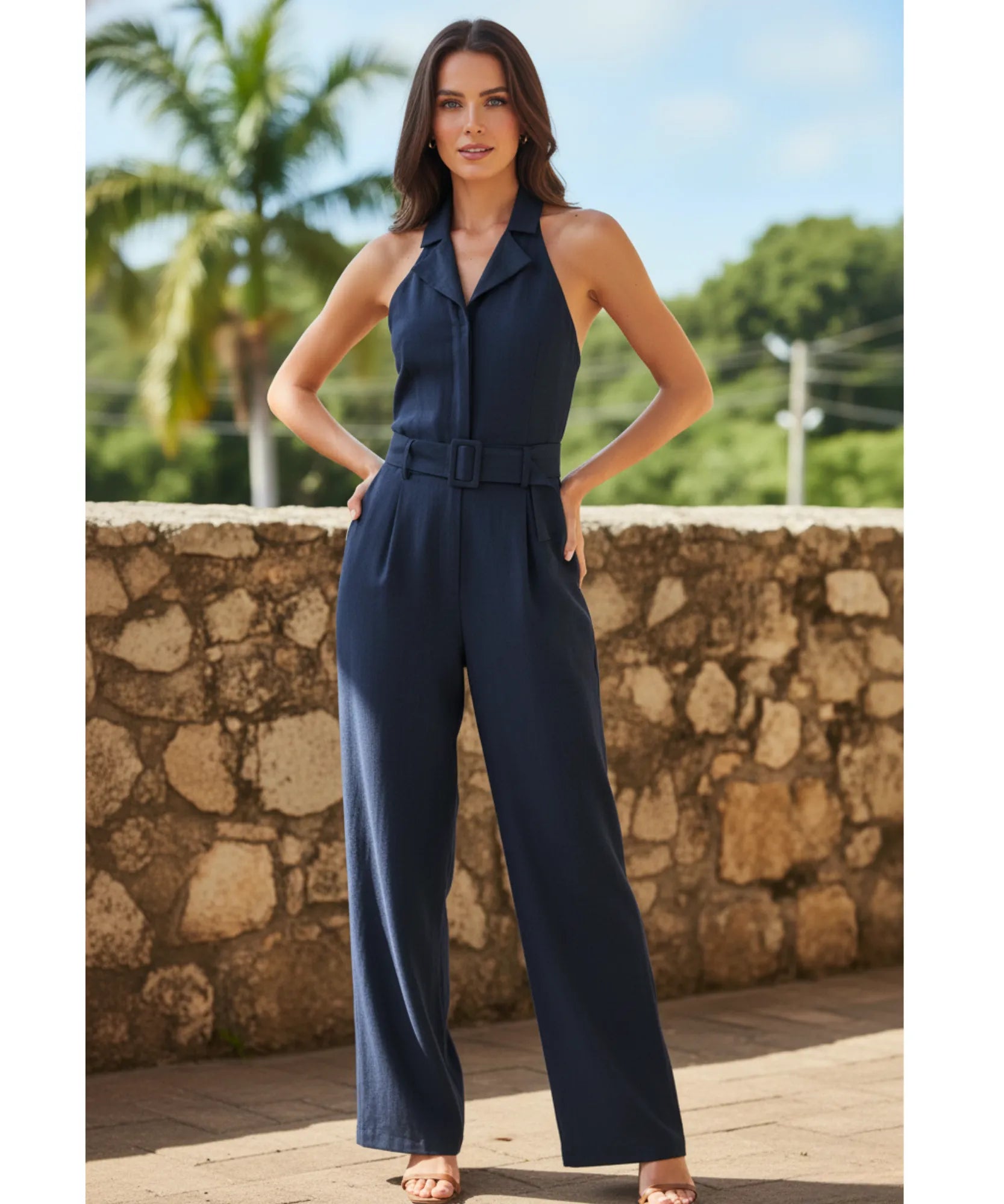 Comprar macacão feminino linho alfaiataria frente única pantalona elegante social com cinto barato ZARA
