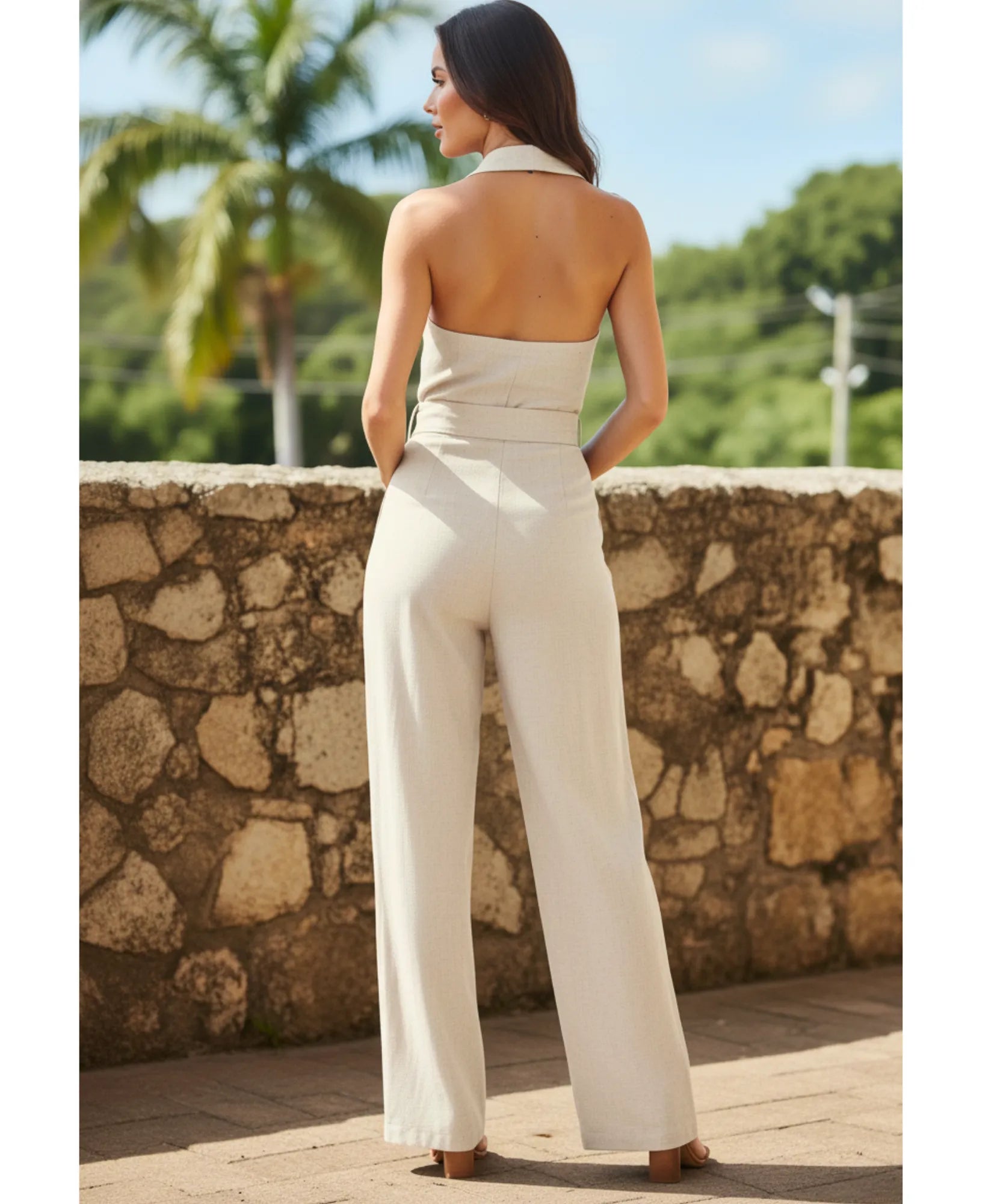 Comprar macacão feminino linho alfaiataria frente única pantalona elegante social com cinto barato ZARA
