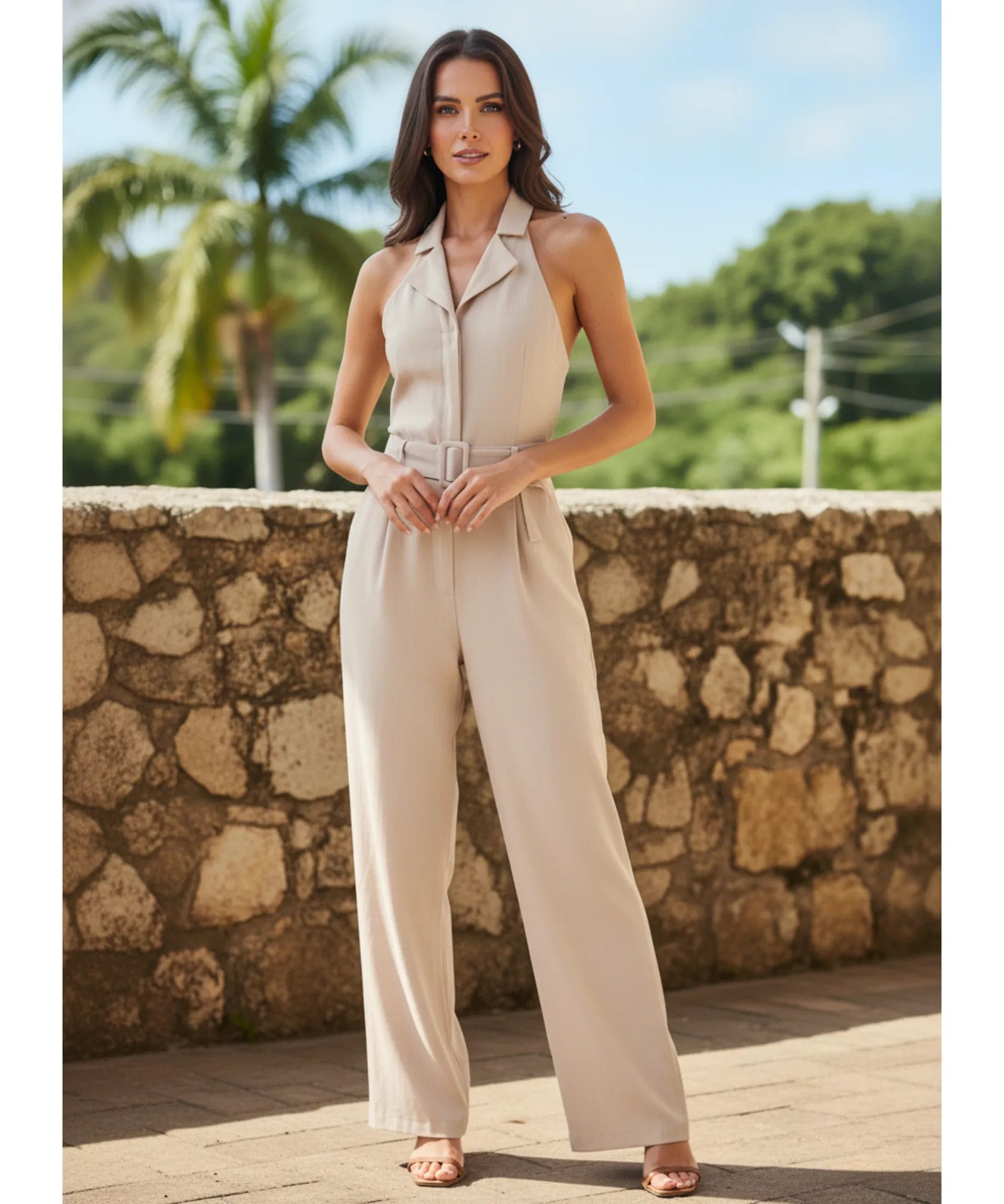 Comprar macacão feminino linho alfaiataria frente única pantalona elegante social com cinto barato ZARA
