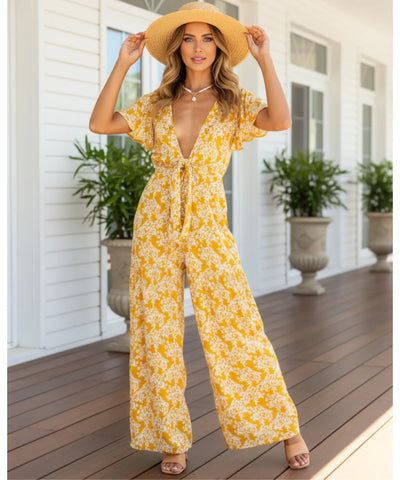 Comprar macacão feminino longo estampado floral manga curta amarração cintura pantalona viscose verão boho barato ANELLIMN