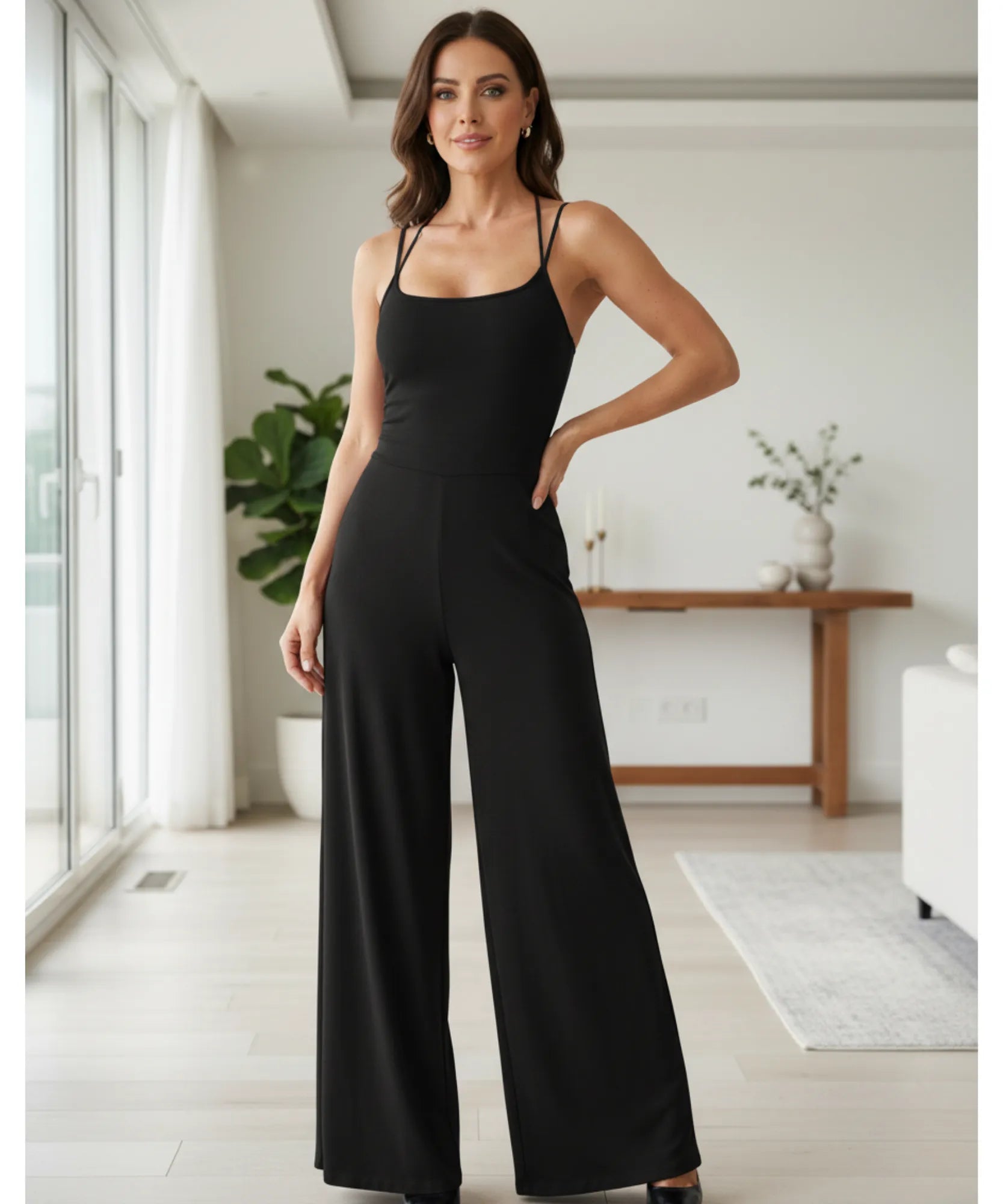 Comprar macacão feminino longo preto malha alças cruzadas decote quadrado calça pantalona em promoção ZARA
