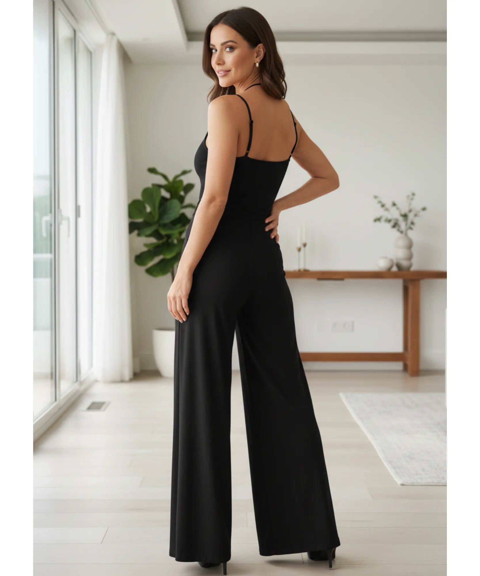 Comprar macacão feminino longo preto malha alças cruzadas decote quadrado calça pantalona em promoção ZARA
