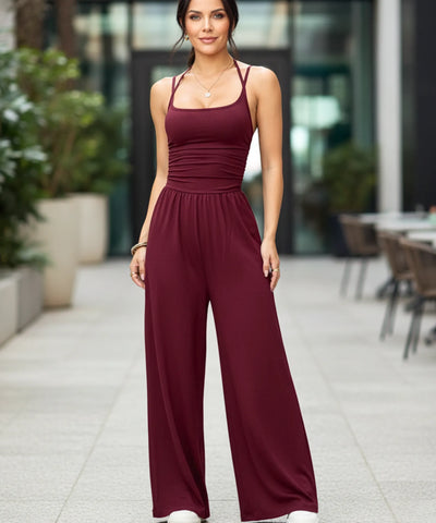 Comprar macacão feminino longo vinho malha alças cruzadas decote quadrado calça pantalona em promoção ZARA
