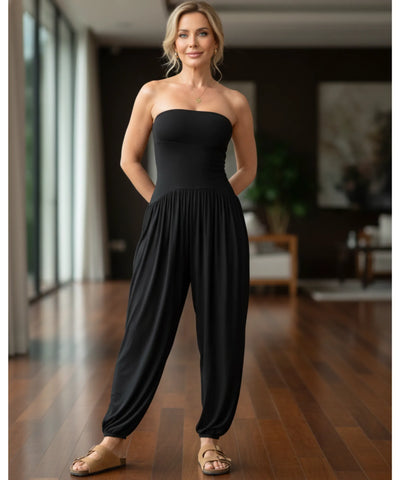 Comprar macacão feminino longo preto tomara que caia em malha leve com bolsos confortável promoção ZARA