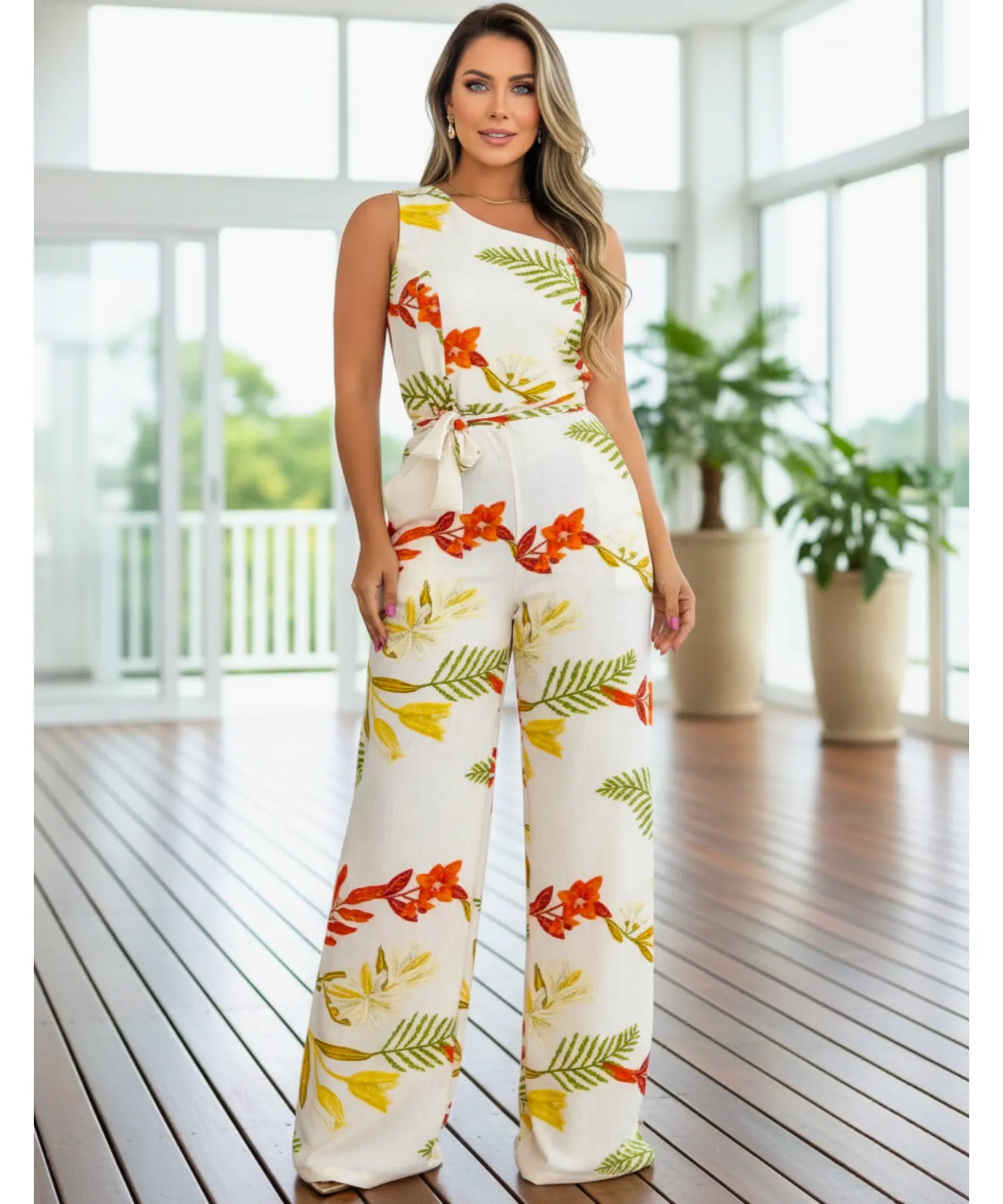 Comprar macacão feminino longo um ombro só crepe twill pantalona amarração cintura elegante social festa barato ANELLIMN