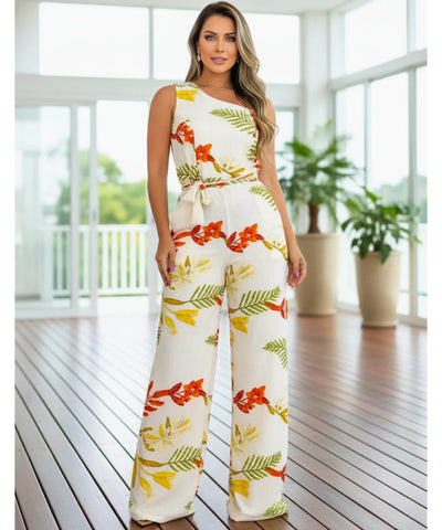 Comprar macacão feminino longo um ombro só crepe twill pantalona amarração cintura elegante social festa barato ANELLIMN