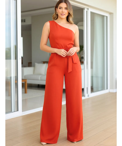 Macacão Feminino Longo Um Ombro Só Crepe Elegante | Felícia