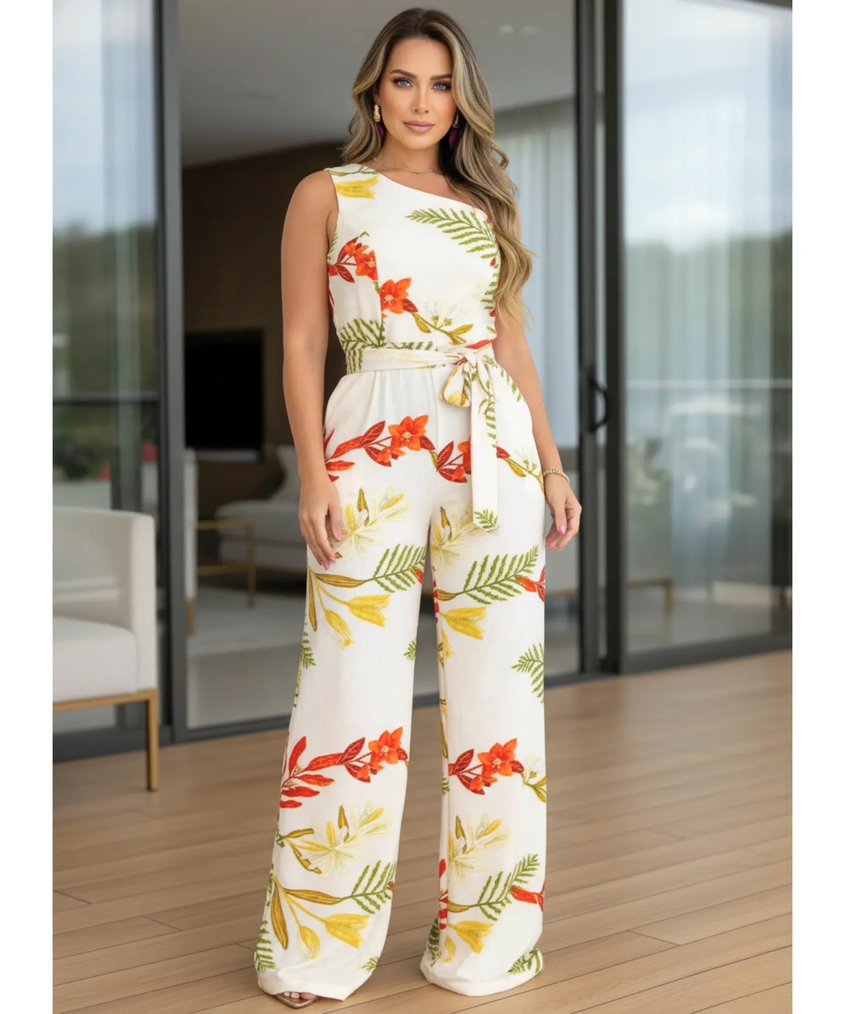Comprar macacão feminino longo um ombro só crepe twill pantalona amarração cintura elegante social festa barato ANELLIMN