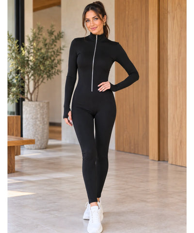 Macacão feminino preto de manga longa, corpo inteiro, caimento justo modelador