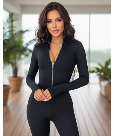 Comprar macacão feminino preto manga longa zíper frontal justo modelador elegante casual em promoção ZARAv