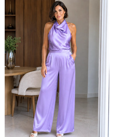 Comprar macacão frente única feminino cetim lilás em promoção Anellimn