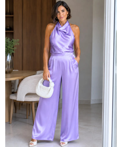 Comprar macacão frente única feminino cetim pantalona lilás em promoção Anellimn