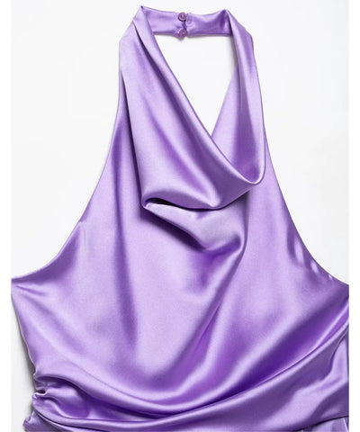 Comprar macacão frente única feminino gola drapeada cetim lilás em promoção Anellimn