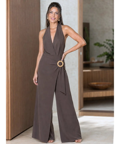 Comprar macacão frente única feminino marrom pantalona em promoção Anellimn