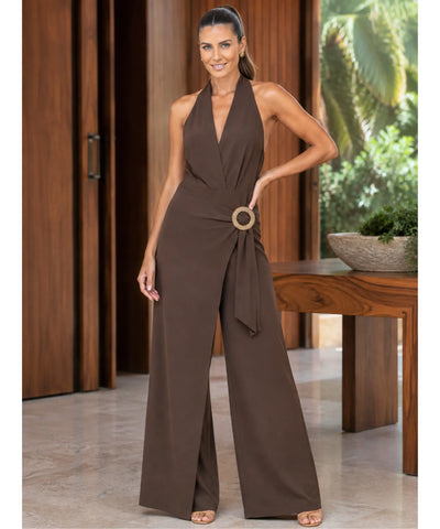 Comprar macacão frente única feminino marrom wide leg em promoção Anellimn