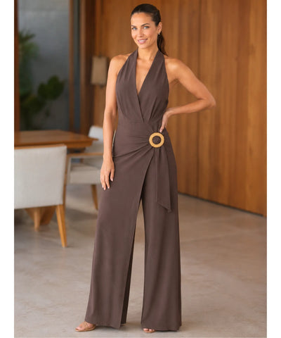 Comprar macacão frente única feminino marrom elegante em promoção Anellimn