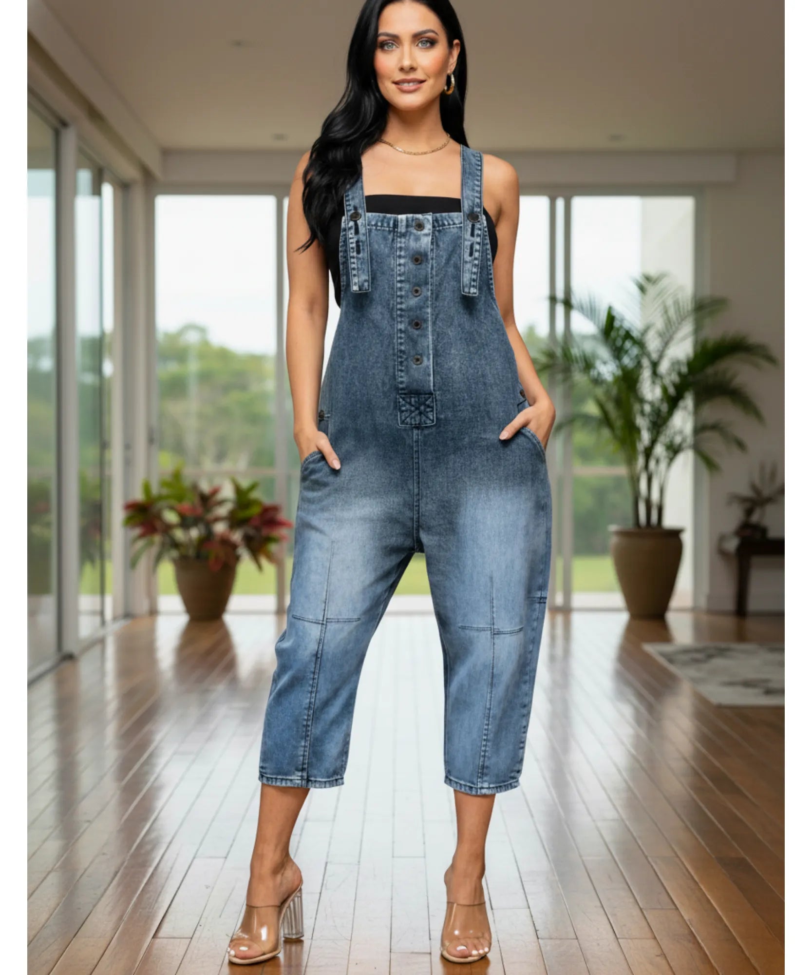 Comprar macacão jeans feminino jardineira oversized com bolsos e alças ajustáveis casual confortável barato