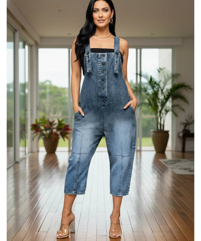 Comprar macacão jeans feminino jardineira oversized com bolsos e alças ajustáveis casual confortável barato