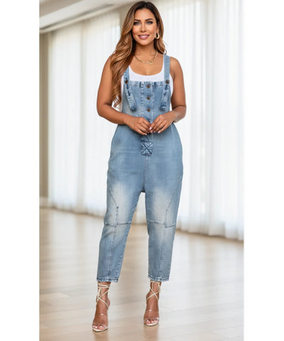 Comprar macacão jeans feminino jardineira oversized com bolsos e alças ajustáveis casual confortável barato