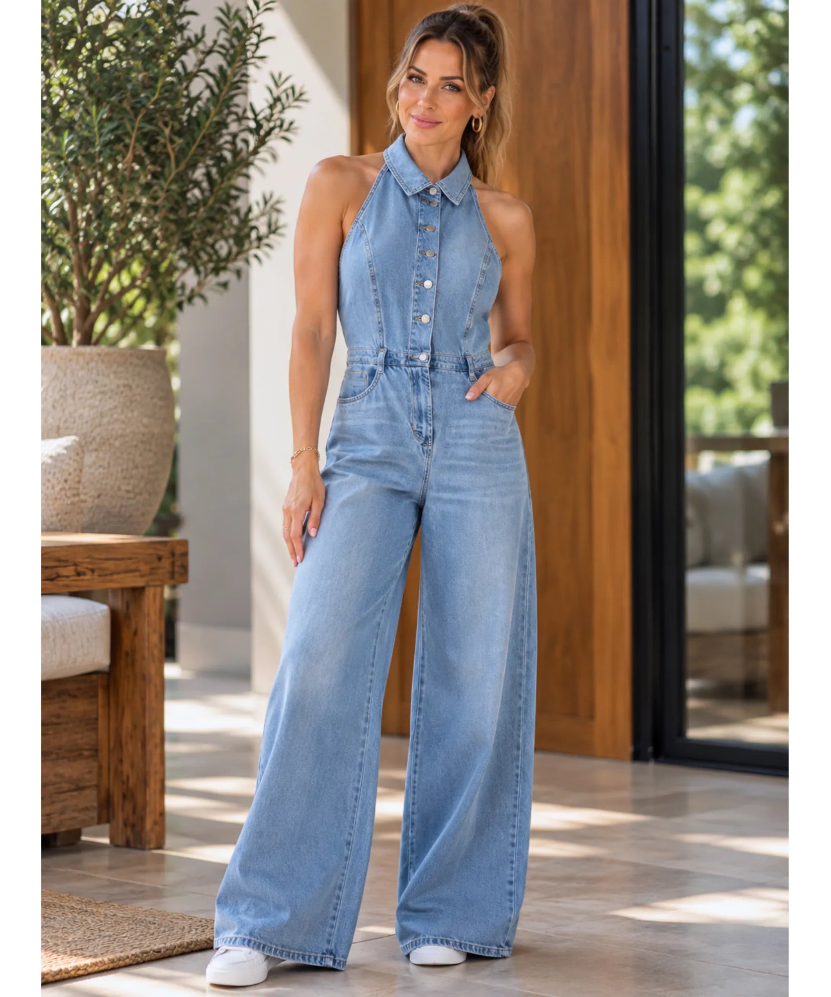 Macacão jeans pantalona feminino azul claro, vista frontal com as mãos no bolso lateral