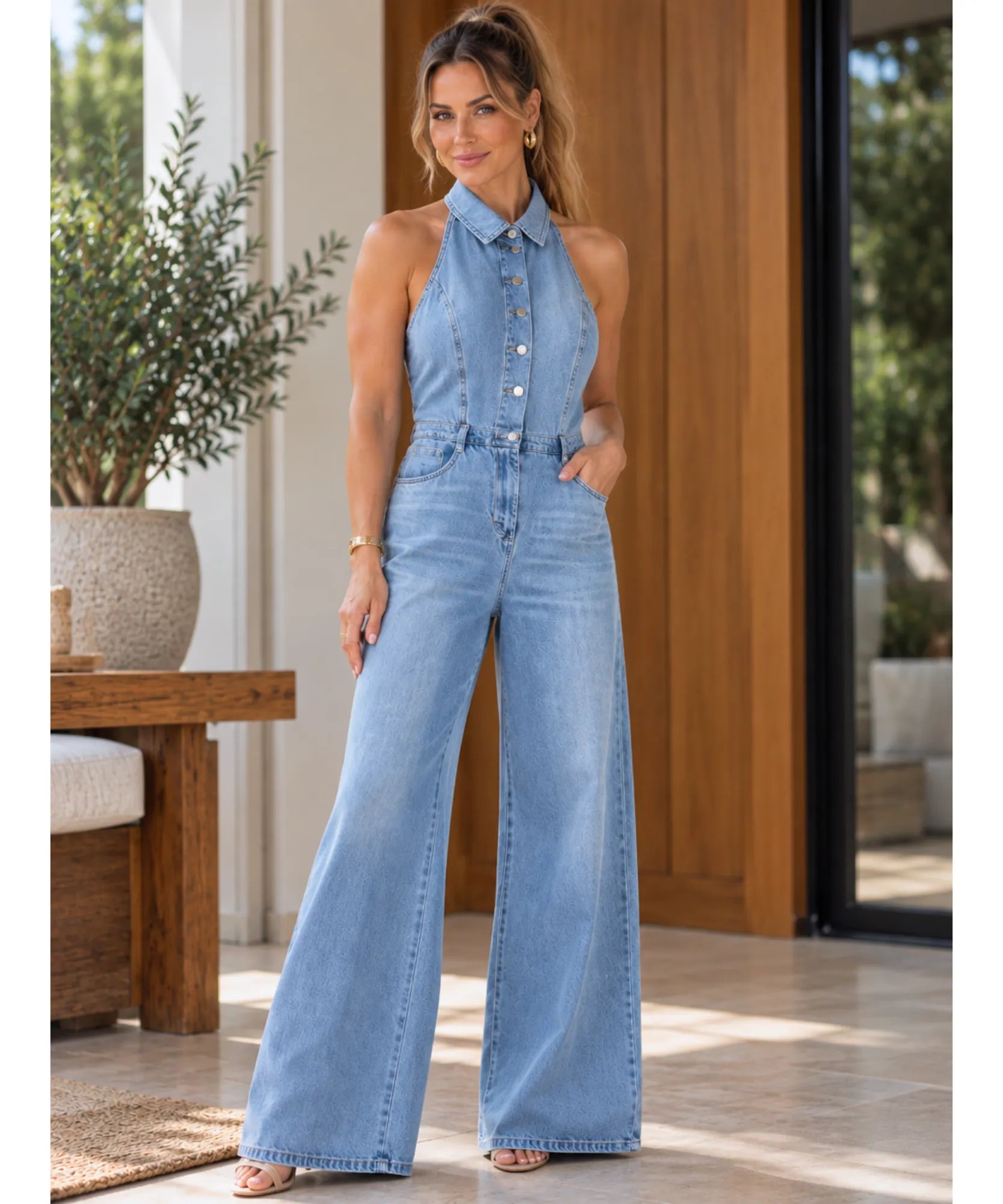 Macacão jeans pantalona feminino azul claro com gola camisa e botões metálicos, modelo usando de frente