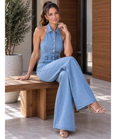 Macacão jeans pantalona feminino azul claro, modelo sentada mostrando a gola e os botões frontais