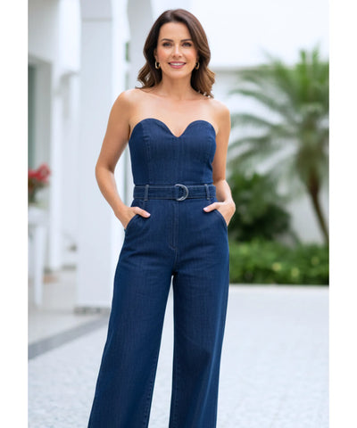 Macacão Jeans Tomara Que Caia Feminino com Cinto Casual | Aurora