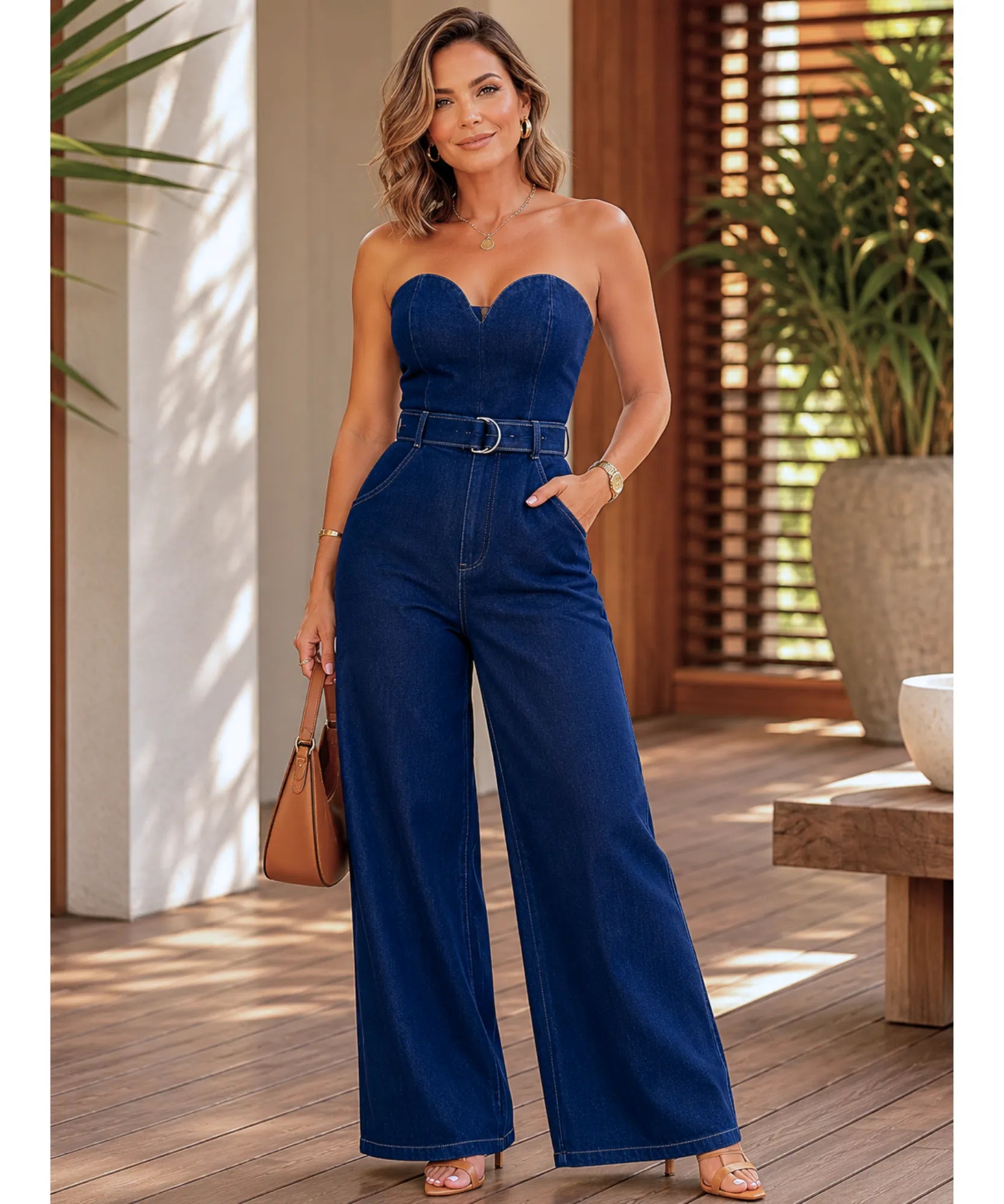 Comprar macacão jeans feminino tomara que caia com cinto pernas largas elegante em promoção Anellimn
