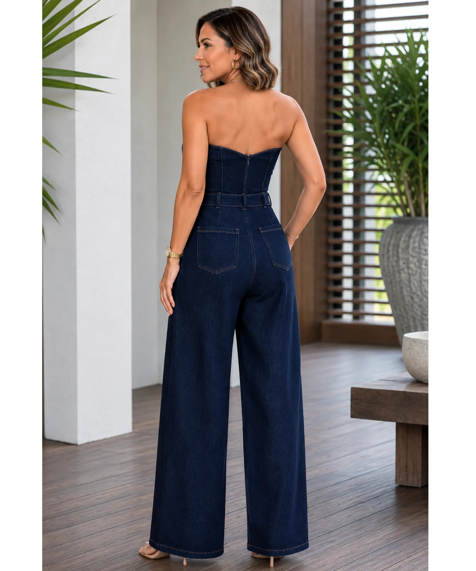 Comprar macacão jeans feminino tomara que caia com cinto pernas largas elegante em promoção Anellimn