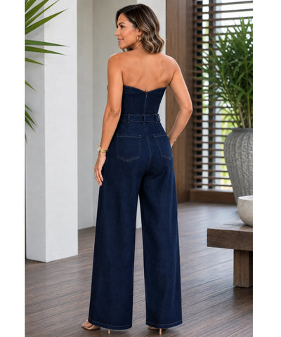 Comprar macacão jeans feminino tomara que caia com cinto pernas largas elegante em promoção Anellimn