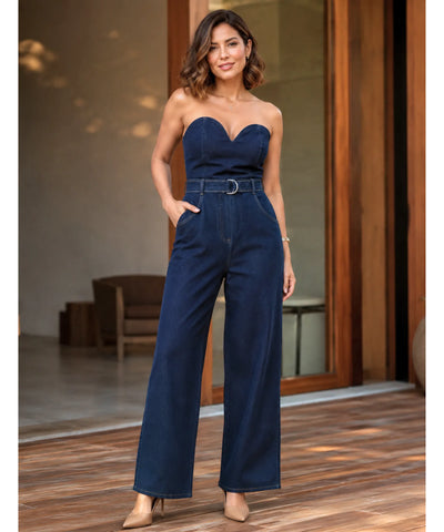 Comprar macacão jeans feminino tomara que caia com cinto pernas largas elegante em promoção Anellimn
