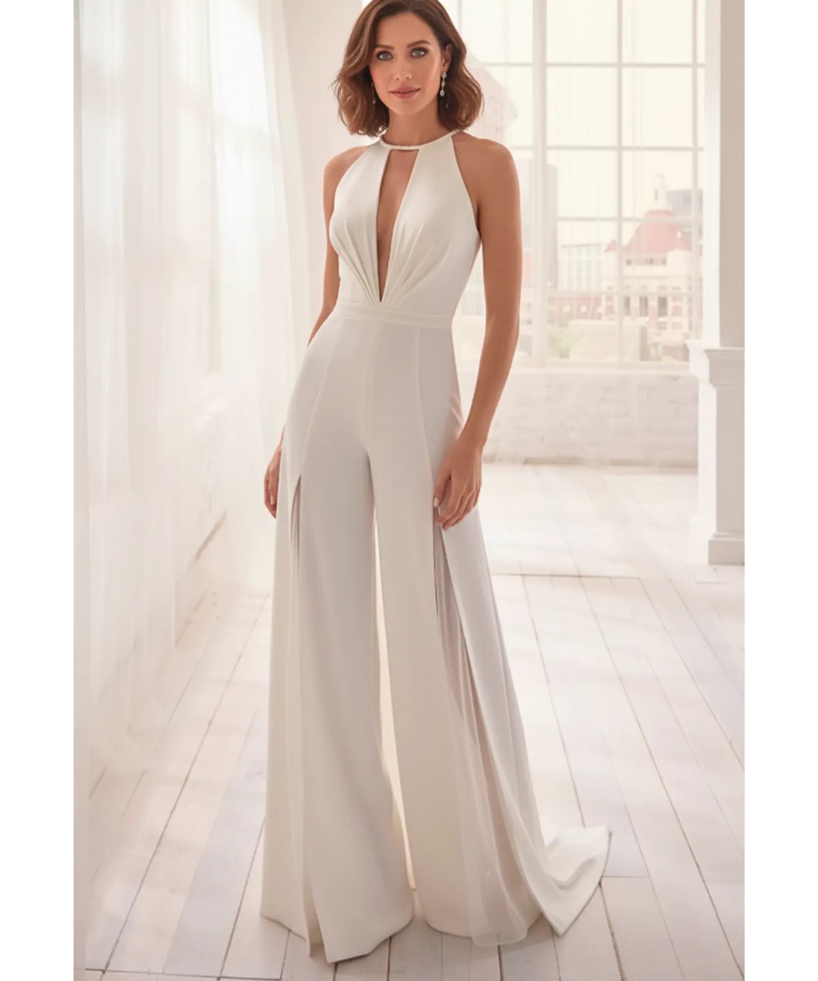 Comprar macacão longo feminino branco elegante decote frente única com pérolas festas casamento em promoção ANELLIMN

