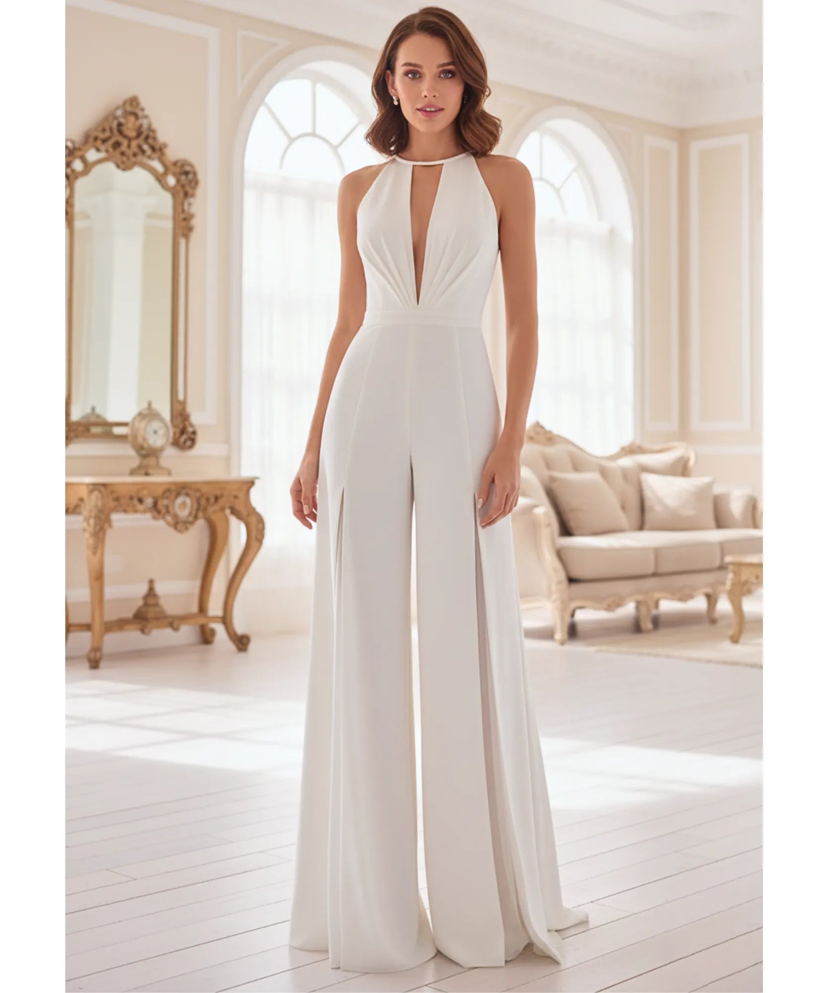 Comprar macacão longo feminino branco elegante decote frente única com pérolas festas casamento em promoção ANELLIMN

