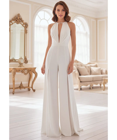 Comprar macacão longo feminino branco elegante decote frente única com pérolas festas casamento em promoção ANELLIMN

