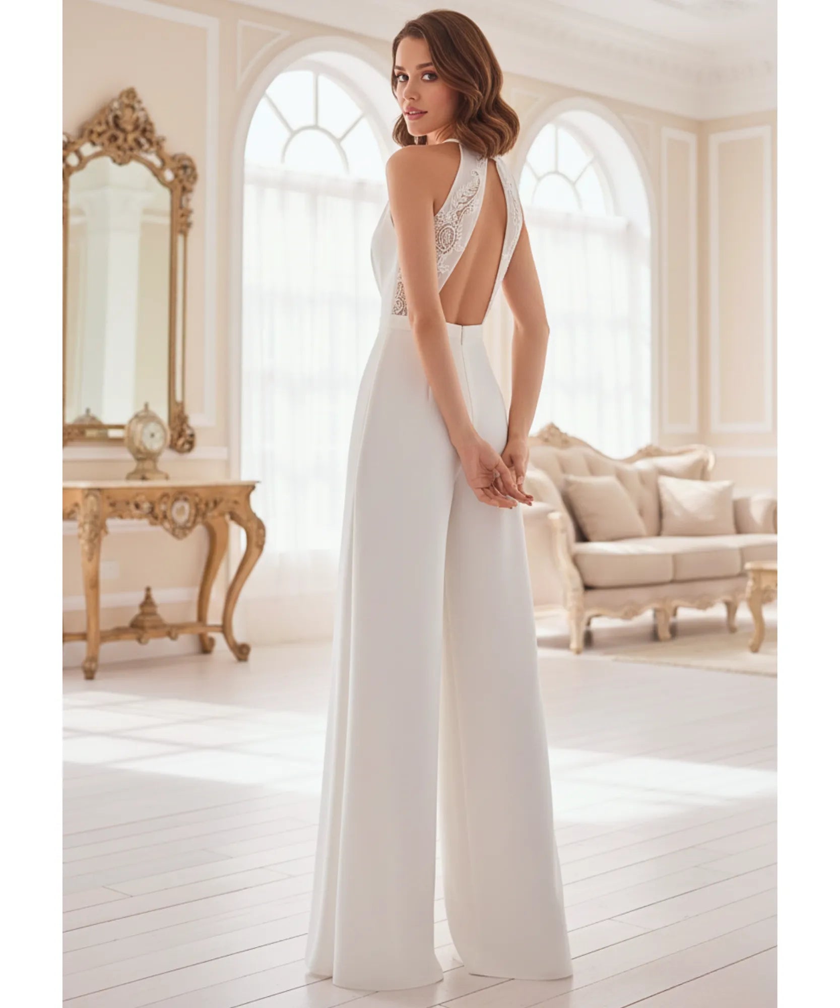 Comprar macacão longo feminino branco elegante decote frente única com pérolas festas casamento em promoção ANELLIMN

