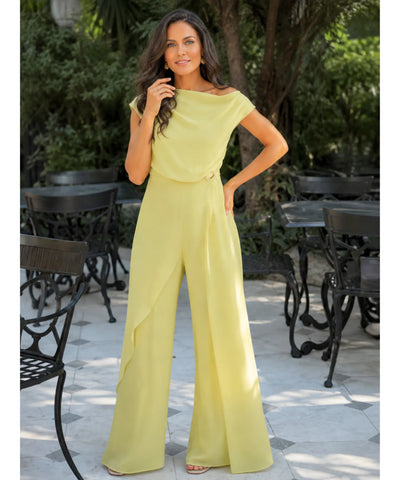 Comprar macacão pantalona feminino chiffon assimétrico amarelo em promoção Anellimn